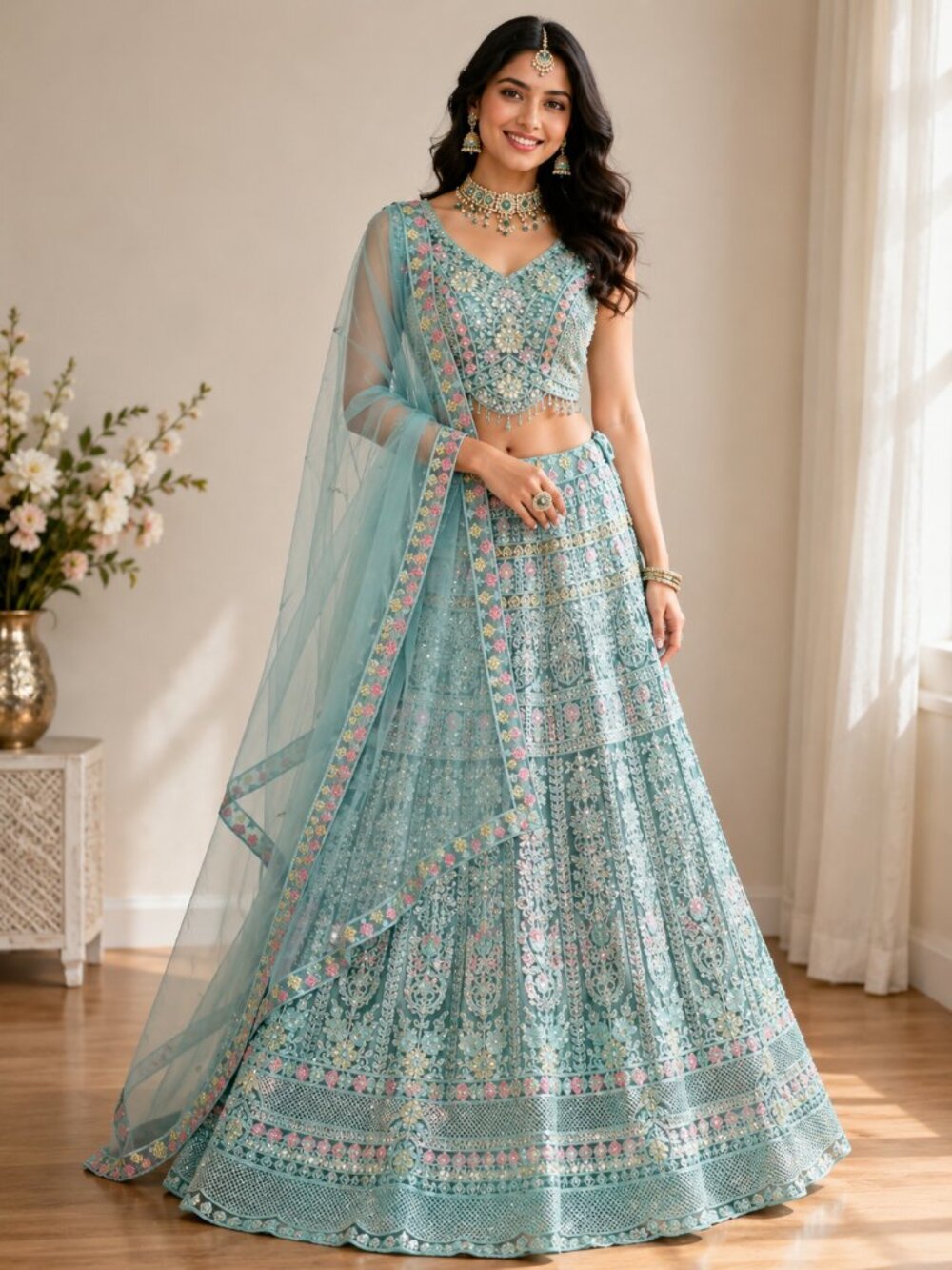 Pastel Aqua Blue Embroidered Lehenga Choli Set with Dupatta | Indian Wedding Wea